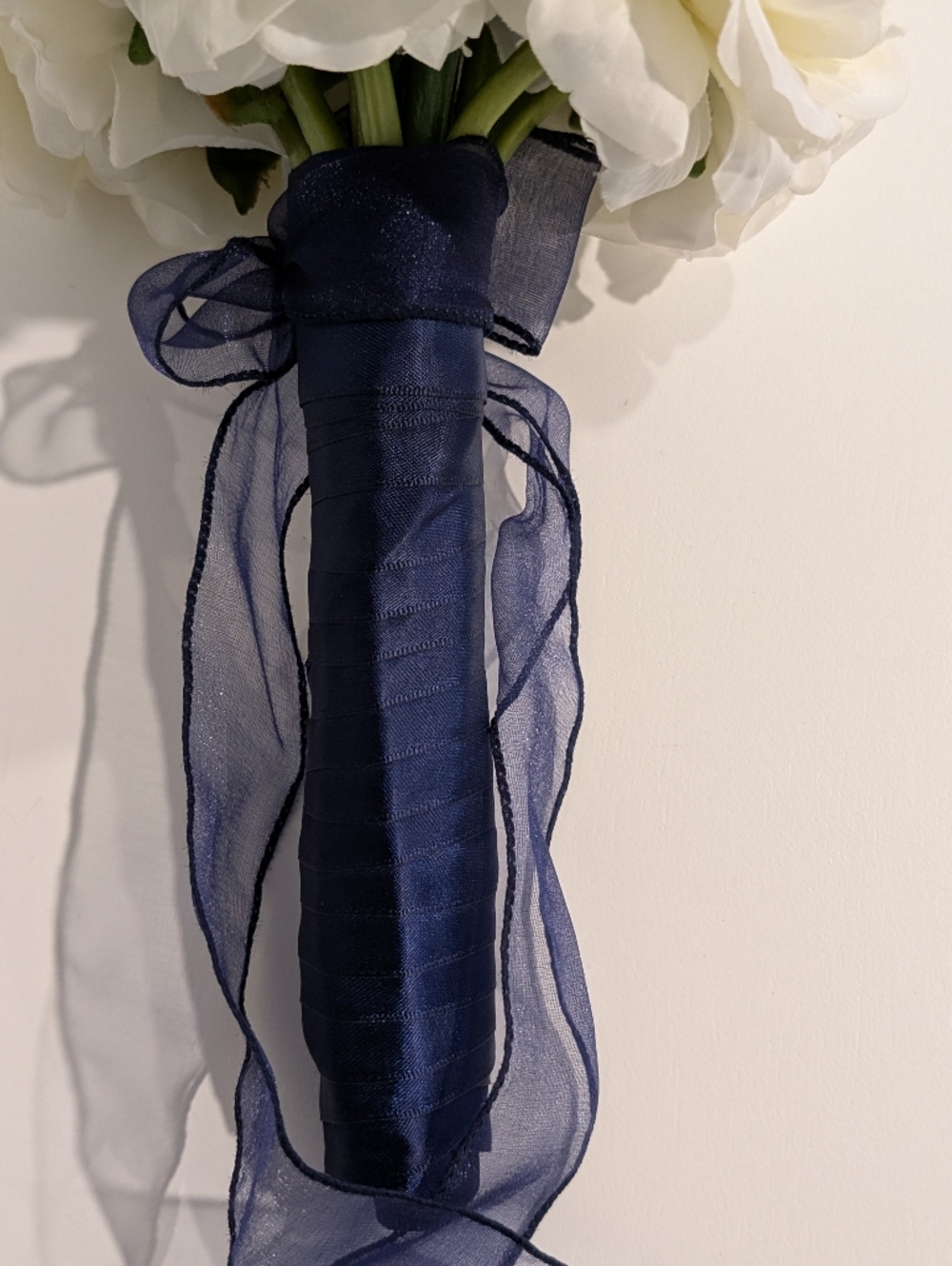 Artificial Bridal Bouquet - White Peony with Sparkles & Navy Blue Ribbon Handle - Picture 2 of 10